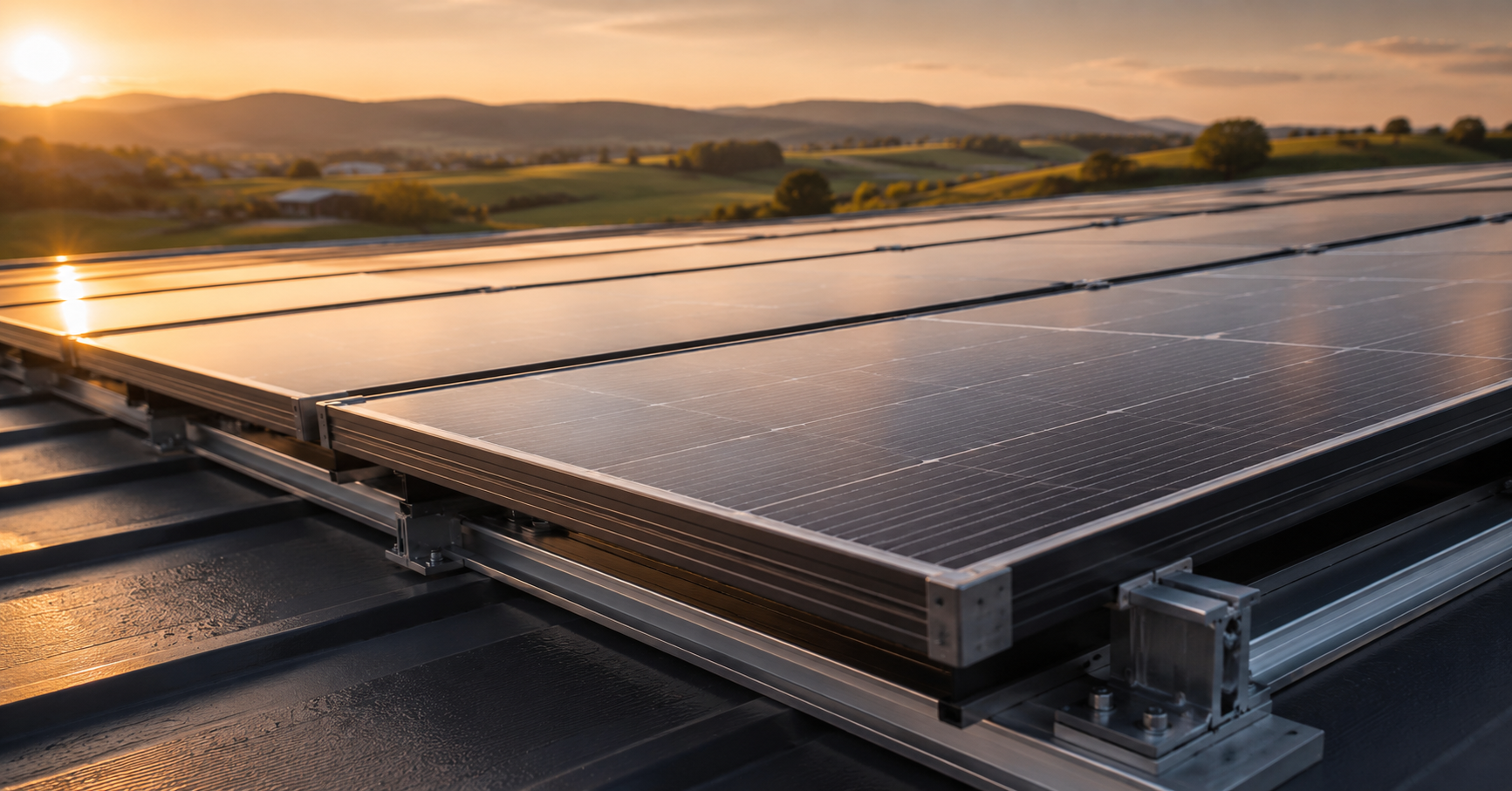 Photovoltaik-Anlage auf dem Dach einer Gewerbehalle im warmen Abendlicht