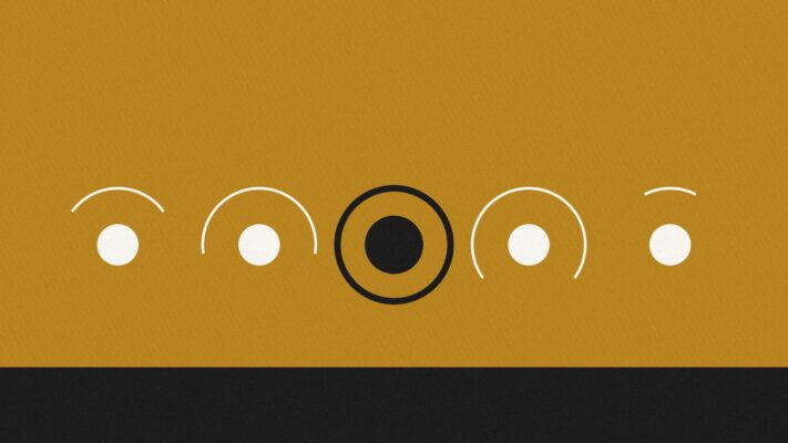 Abstrakte Illustration: fünf Kreise auf goldenem Grund mit unterschiedlich weit reichenden Schutzbögen, nur einer vollständig umschlossen
