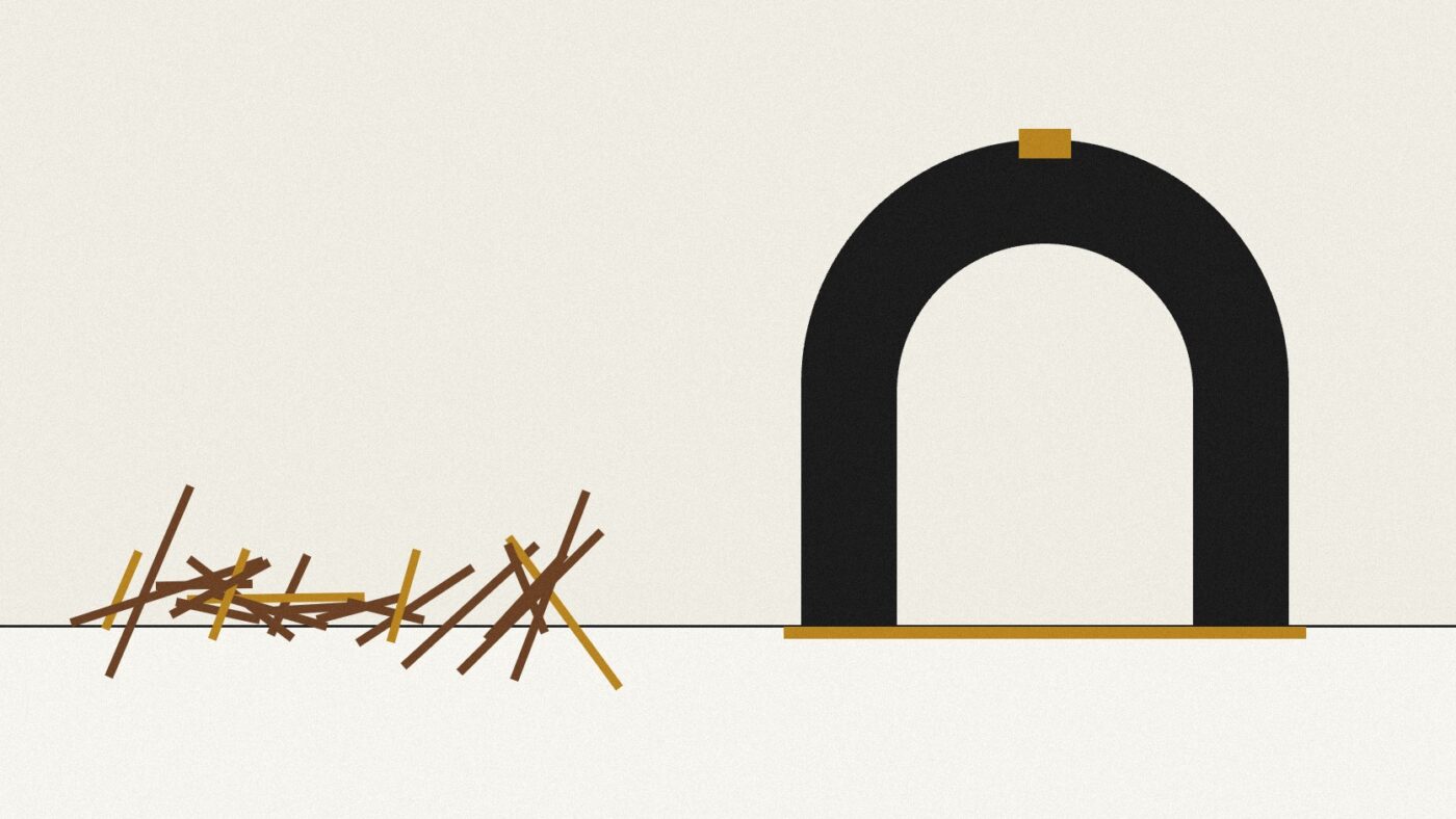 Abstrakte Illustration: ein Haufen zerbrochener dünner Latten neben einem massiven dunklen Bogen