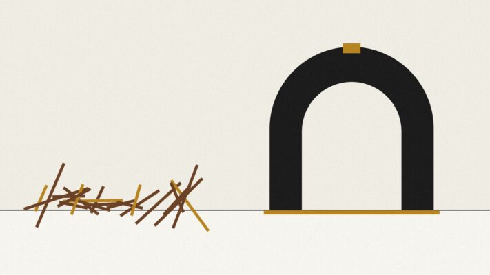 Abstrakte Illustration: ein Haufen zerbrochener dünner Latten neben einem massiven dunklen Bogen